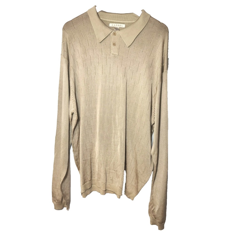 Cassel Beige Knit Textured Collared Polo Shirt Long Sleeve Size‎ XLT Luxury
